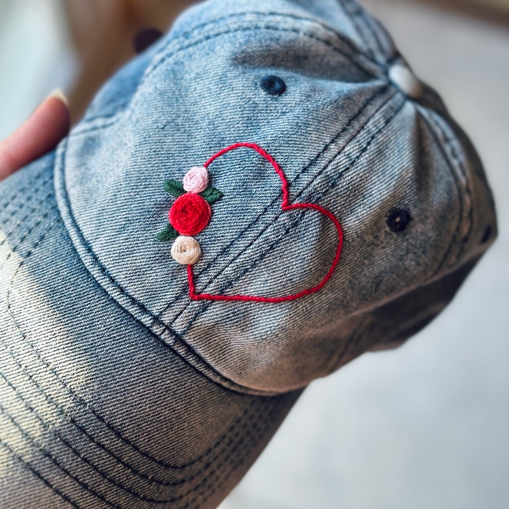 Hand Embroidered Heart Denim Cap